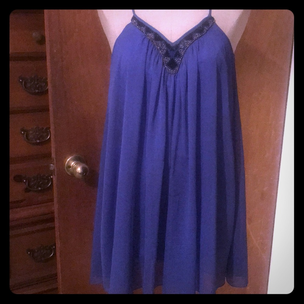 Express Blue Baby Doll Dress with Beaded V neck